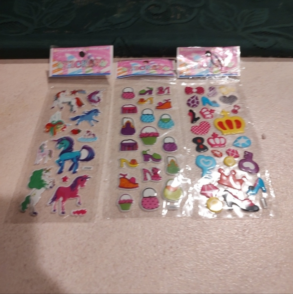 Set of three sheets of assorted vibrant colorful 3D cartoon puffy Stickers